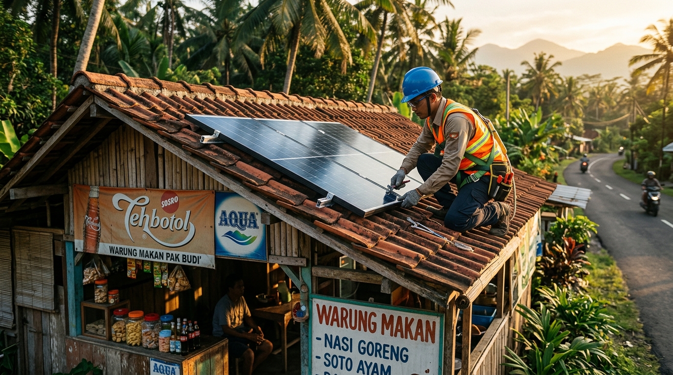 Energy technician installing solar panels on a small business rooftop in Indonesia
